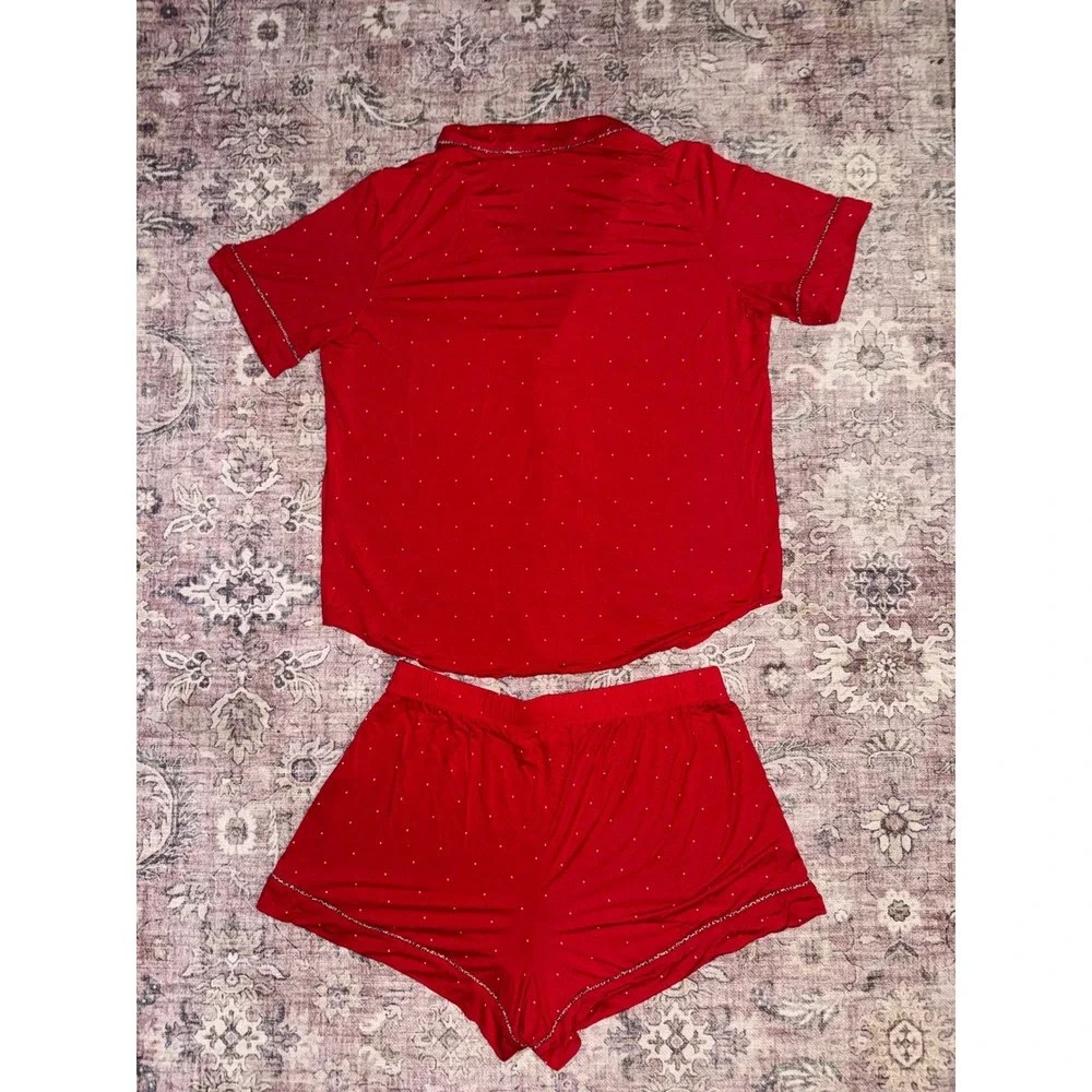 Victoria's Secret Red Polka‎ Dot Leopard Trim Modal Pajama Set Shorts Top Medium
